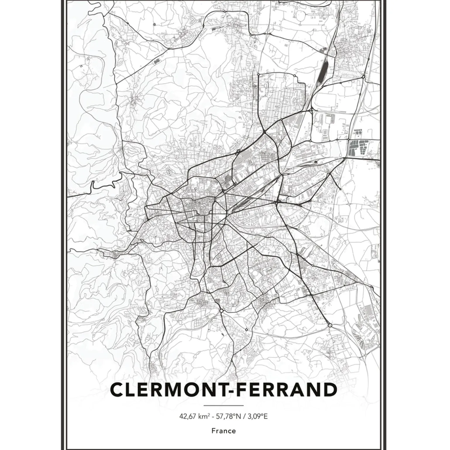 4MURS Image encadrée MAP CLERMONT FERRAND 50 x 70 cm - 4MURS