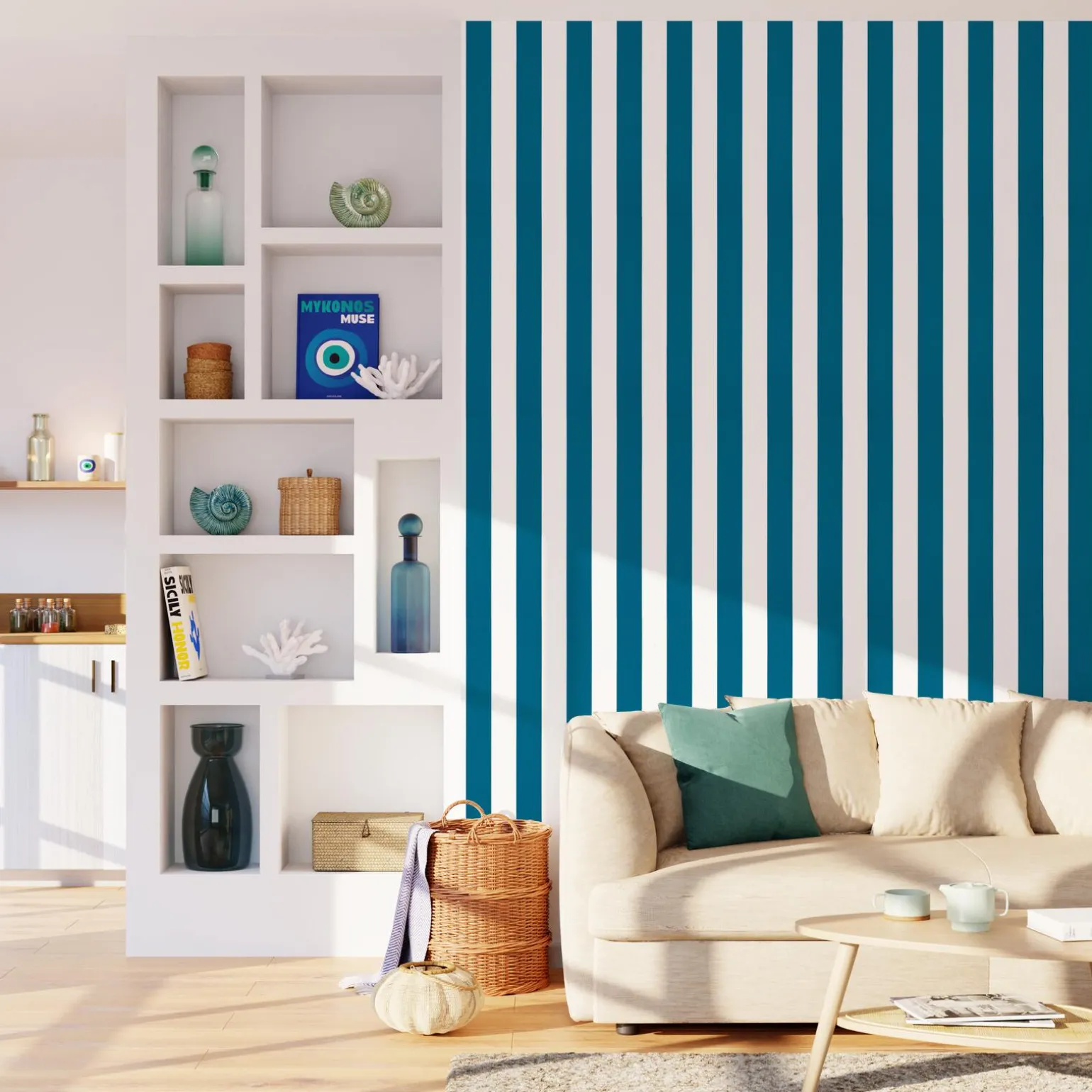 4MURS Papier peint intissé OPAL STRIPE bleu paon et blanc - 4MURS