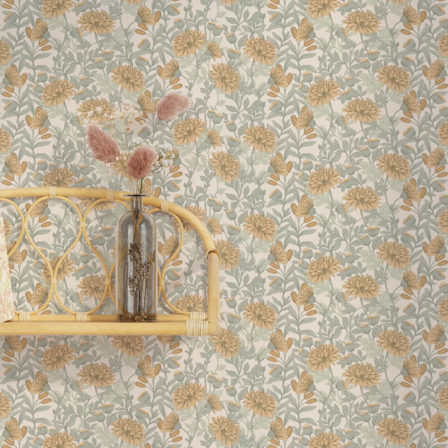 Papier peint intissé DAHLIA coloris vert de gris et ocre - 4MURS