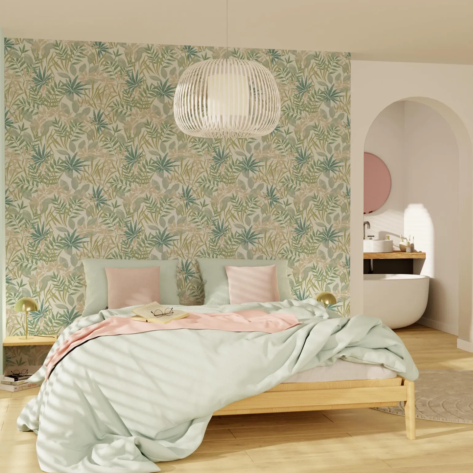 Papier peint intissé IVANNA coloris vert et beige rosé - 4MURS