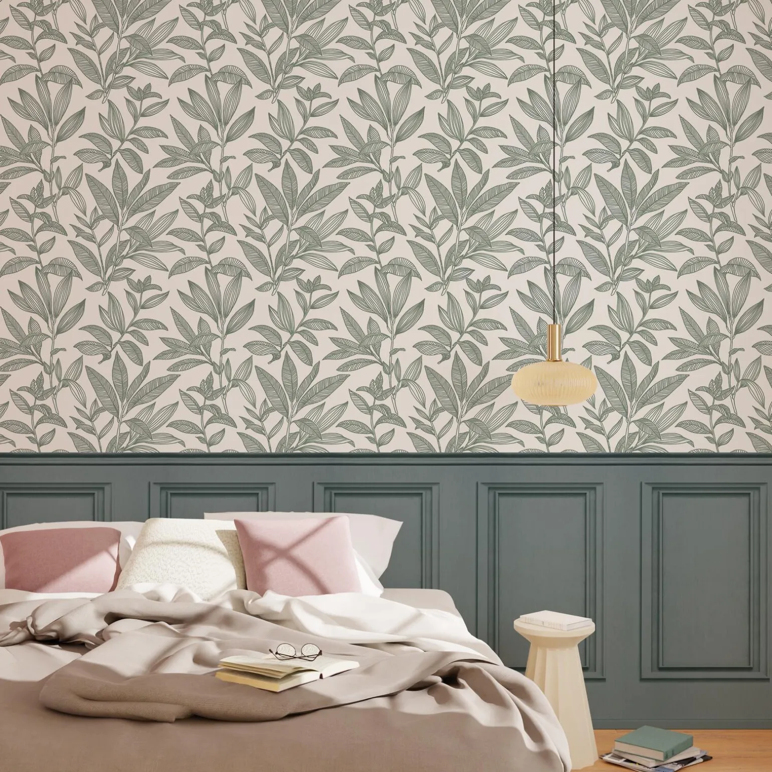 Papier peint intissé SOUBASSEMENT MOULURES vert de gris - 4MURS