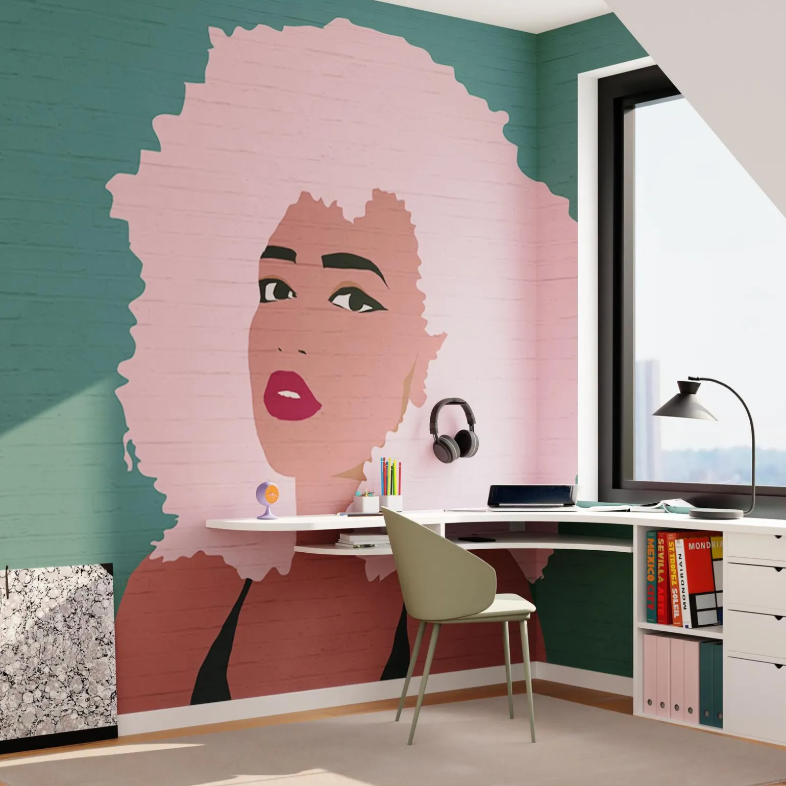 Papier peint panoramique XL BILLIE 400 x 270 cm vert bleuté et rose