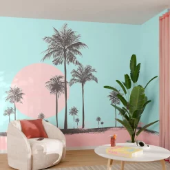 Papier peint panoramique XL MIAMI WALK 400 x 270 cm bleu turquoise et rose poudré