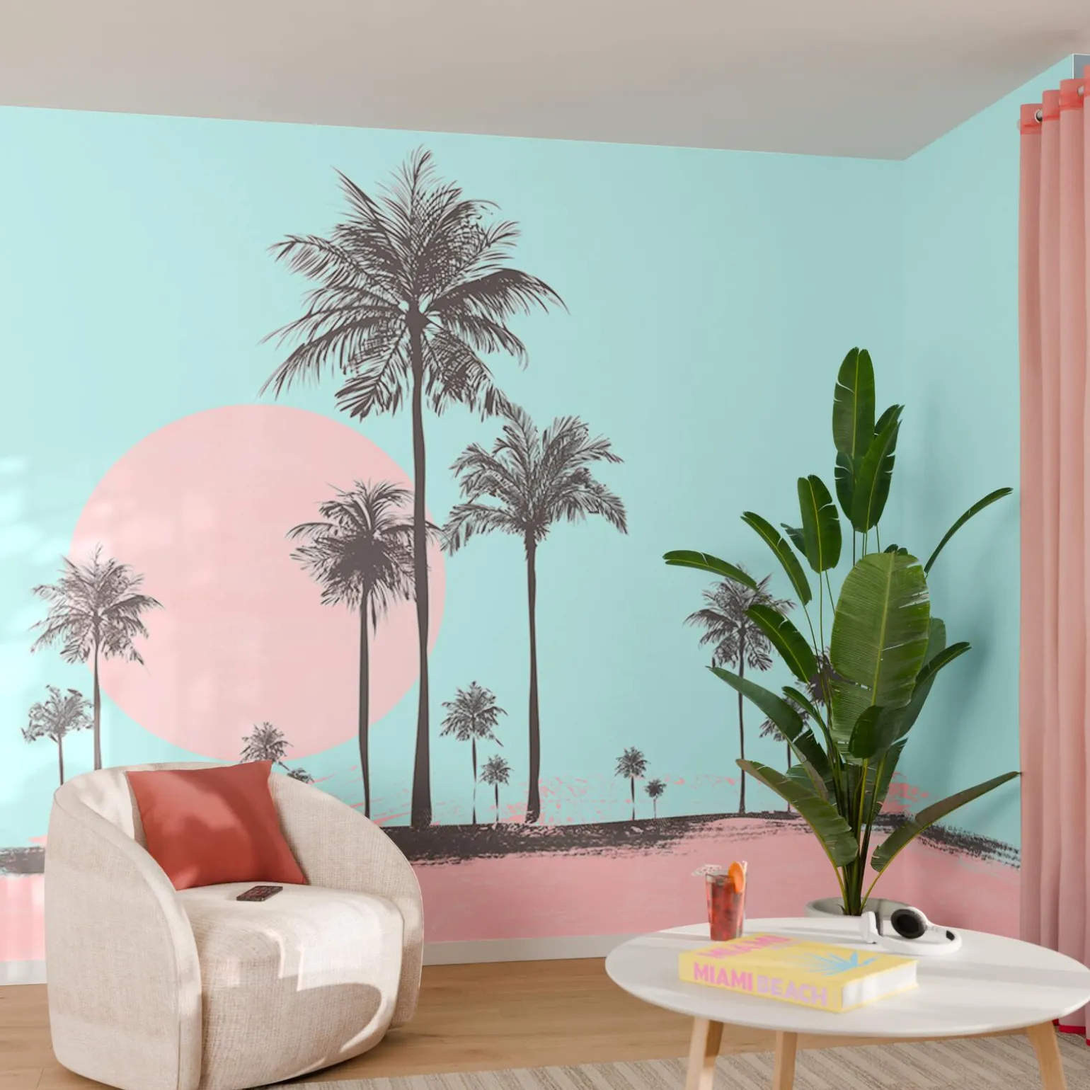 Papier peint panoramique XL MIAMI WALK 400 x 270 cm bleu turquoise et rose poudré
