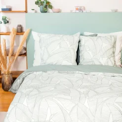 Parure de lit lin et coton lavé PAMPELUNE blanc / vert 260 x 240 cm