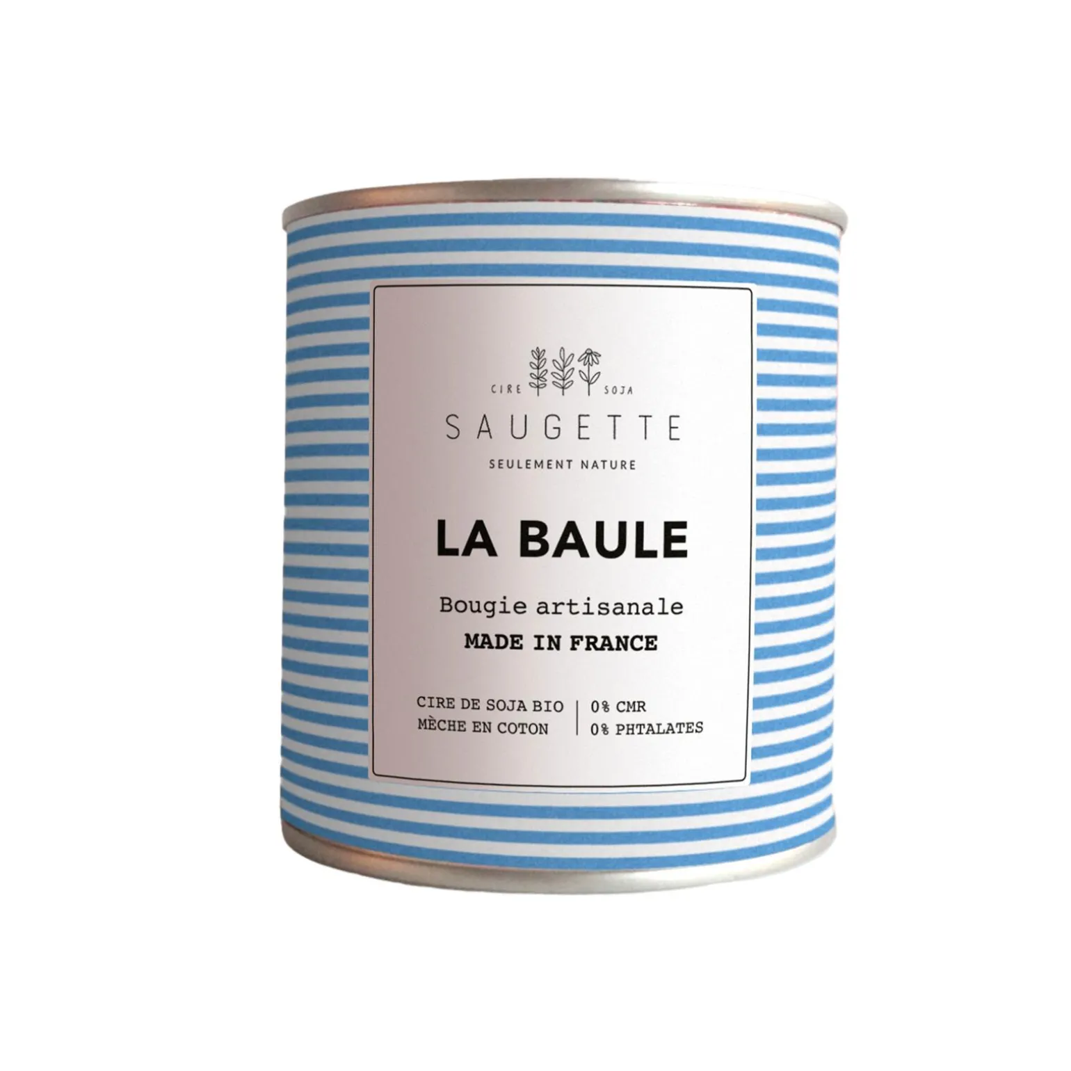 Saugette Bougie parfumée LA BAULE notes marines sur un fond de santal et de pin, laissant un délicat sillage boisé.