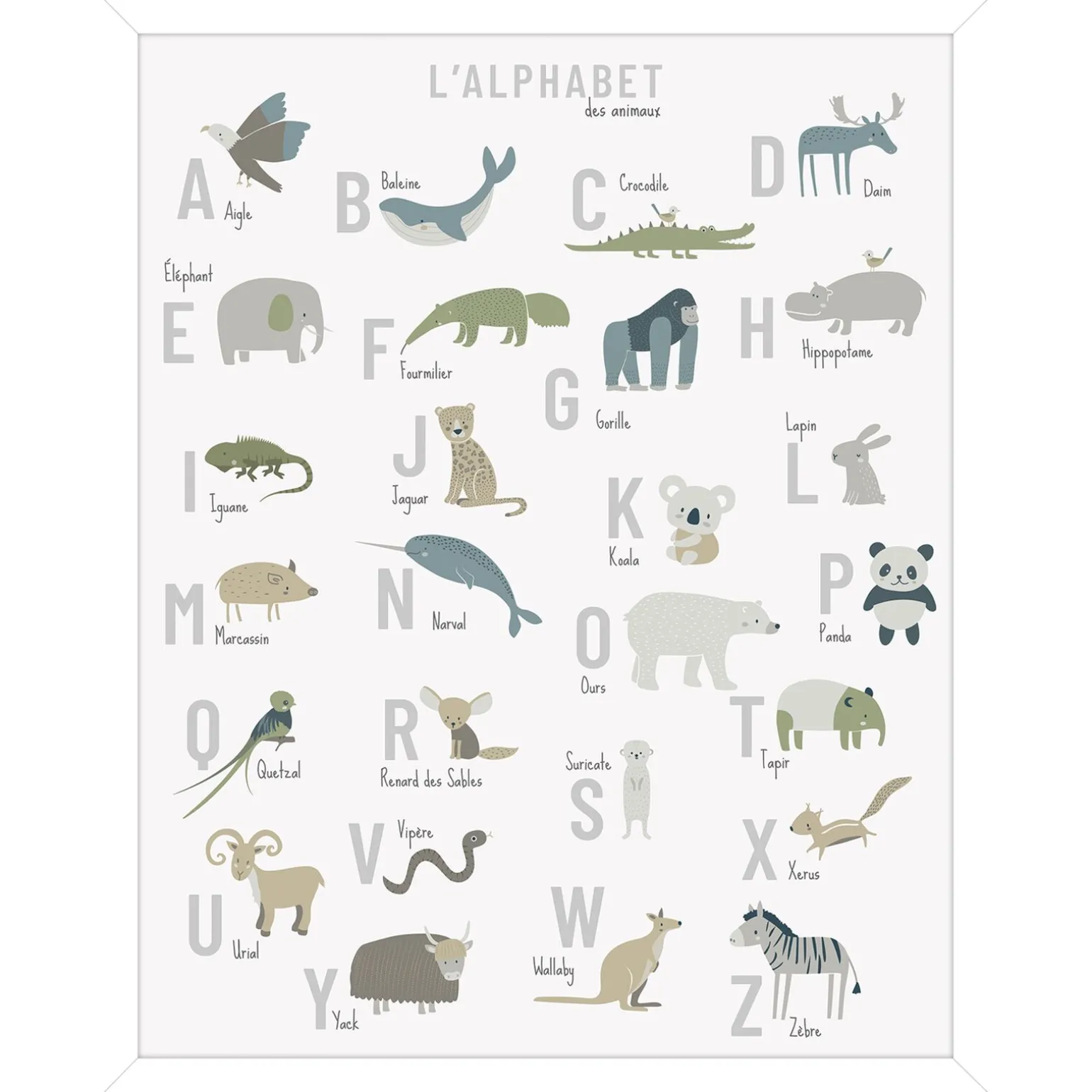 Tableau L'ALPHABET ANIMALS ON THE PLANET beige Kaki pétrole - 4MURS
